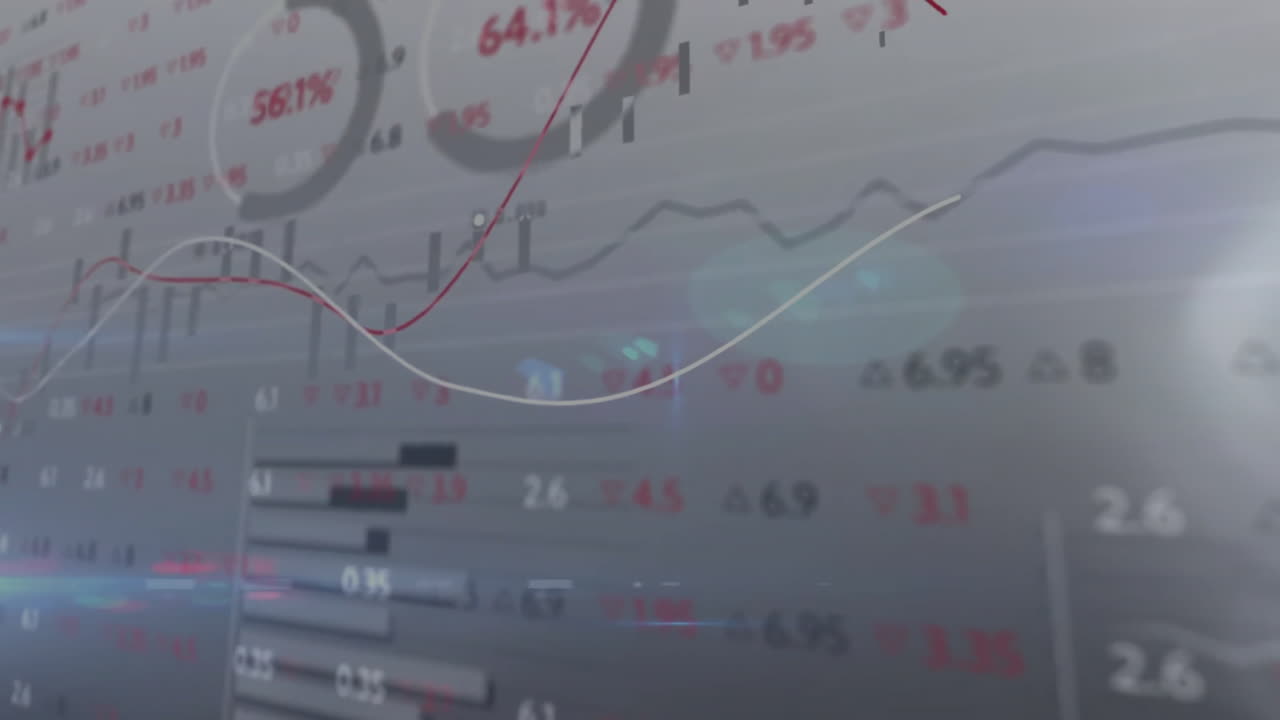 Animation of stock market, diagrams and data processing on gray background