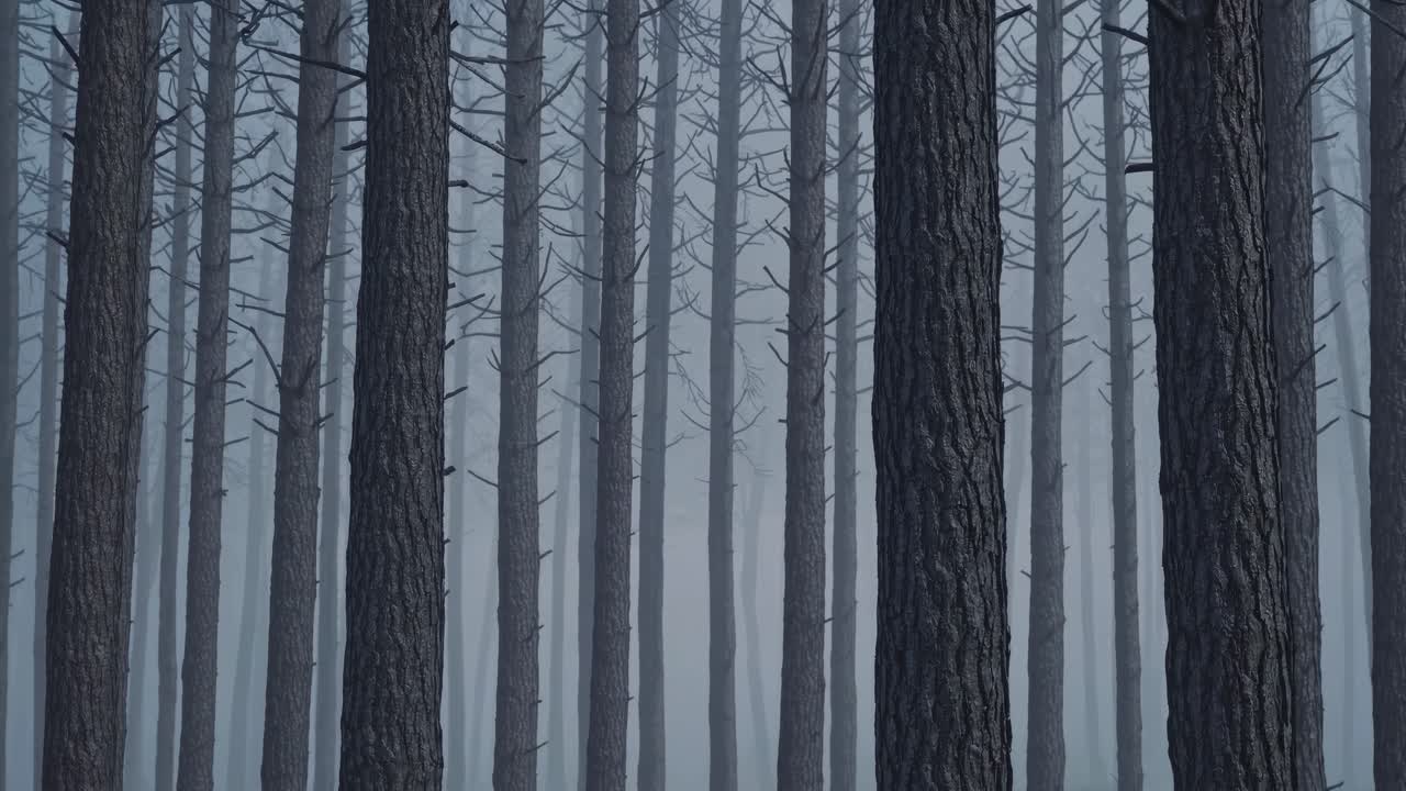 Dense fog gradually enveloping mysterious pine forest, transforming landscape into serene yet haunting environment with mist softening tree silhouettes and creating ethereal woodland atmosphere