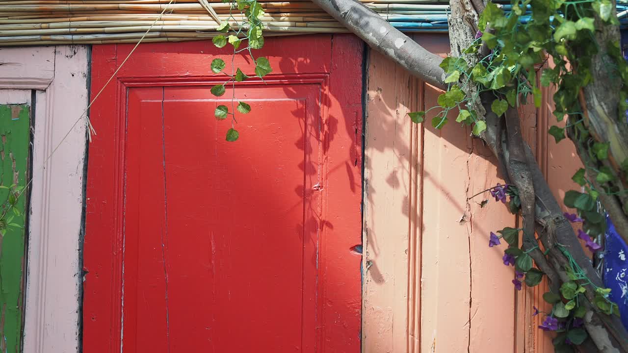 una puerta de madera roja con vides verdes y paredes rosas y azules