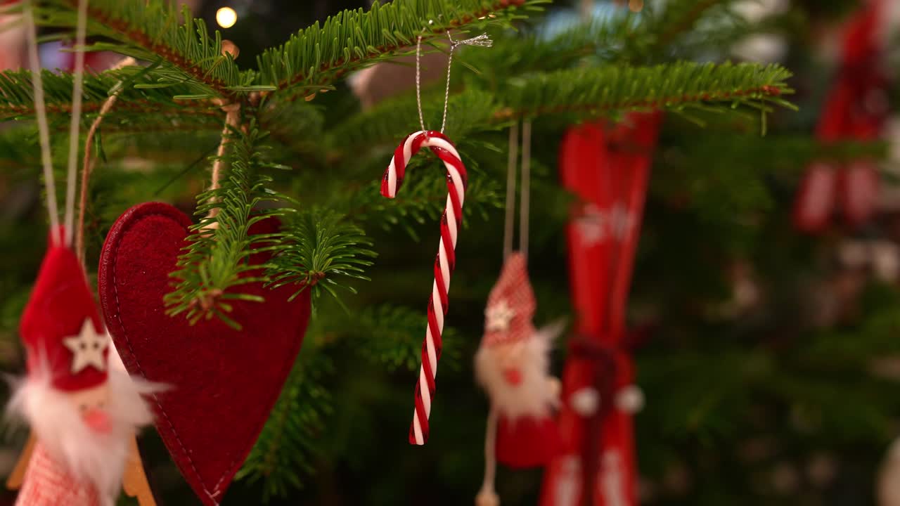 closeup of various christmas tree decorations.