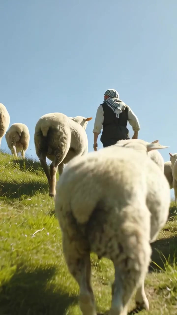 Video verticale: Pastore che cammina guidando il gregge su un sentiero, indossando un foulard e un gilet, tenendo un bastone