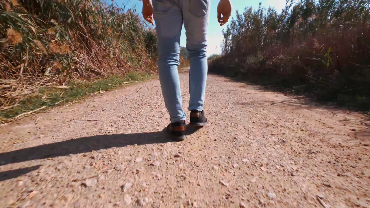 Person walking on a dirt path surrounded by tall reeds