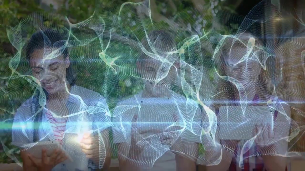 Tre bambini che usano tablet su una panchina, con una rete verde-blu che fluttua sopra i dispositivi nell'ambito dell'istruzione