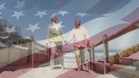 animation of senior caucasian couple holding hands on beach over flag of united states of america