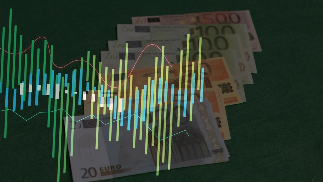 Sovrapposizione di un visualizzatore audio che entra da sinistra e si estende su banconote in euro, visualizzando i livelli sonori.