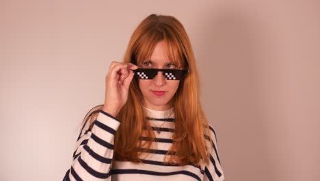 beautiful girl with meme glasses, looking all around