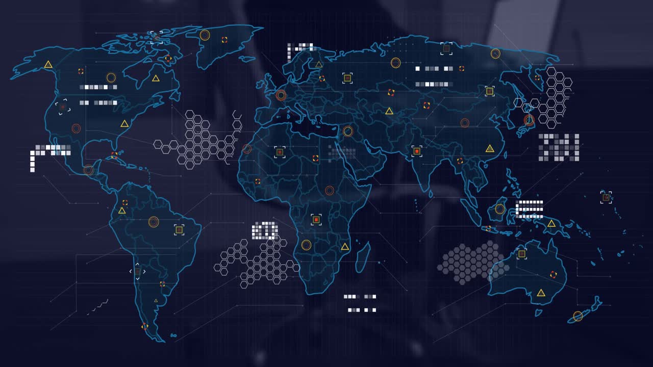 animación del patrón de la placa de circuitos en el mapa y formas geométricas sobre la sección media del hombre usando una computadora portátil.