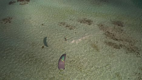 a kite surfer gliding over clear shallow waters, capturing a serene aquatic scene with a drone from the front, aerial view