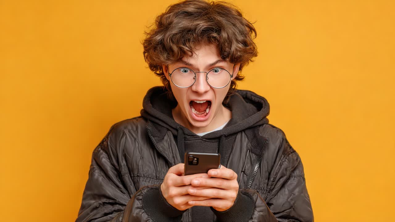 Excited Youth Engaged with Smartphone Against Vibrant Yellow Background Illustrating Surprise and Joy While Using Technology