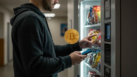 a user engages with a vending machine incorporating cryptocurrency payment for snacks, highlighting the intersection of technology and convenience in modern transactions