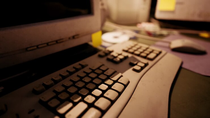 Gammelt computer tastatur og skærm i et kontormiljø i skumringen