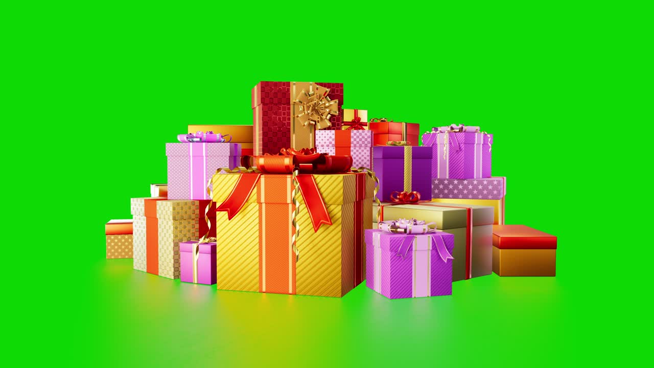 una brillante pila de regalos sorpresa en la pantalla de la tecla de croma, aislada
