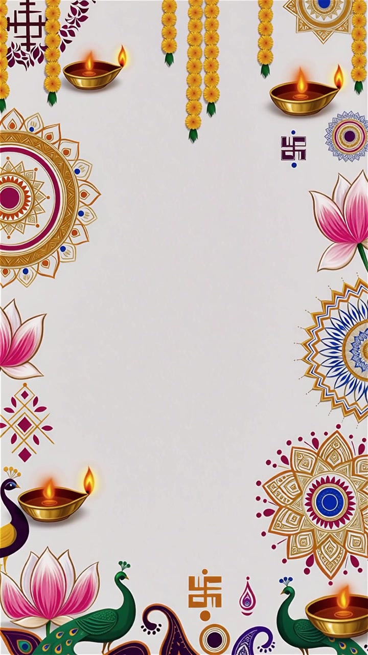 Sfondo Diwali con Diyas luminosi, Rangoli e fiori di loto