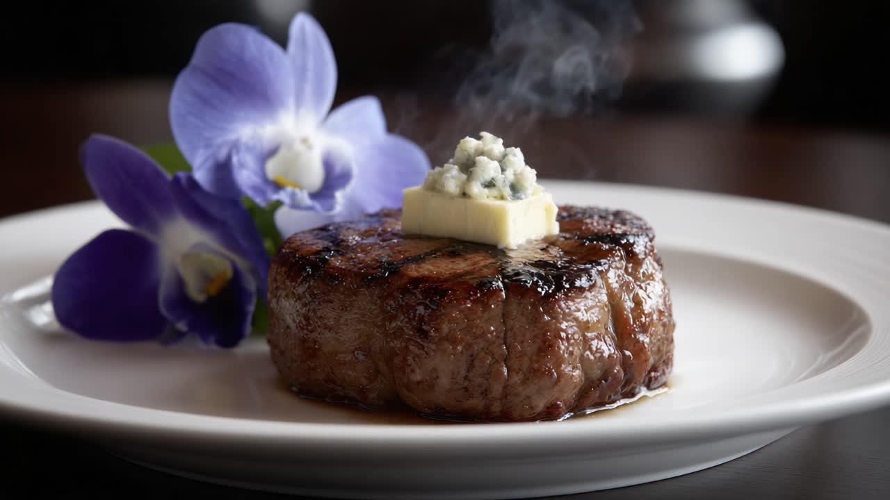 A tantalizing gourmet dish featuring a perfectly grilled steak topped with melting butter and adorned with an elegant purple orchid, epitomizing culinary artistry and presentation