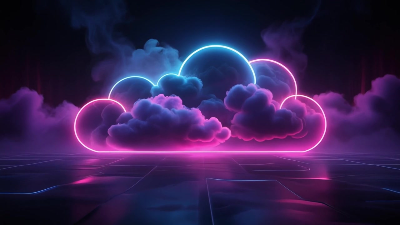 Neon Cloud Icon Glowing Above a Dark Reflective Surface