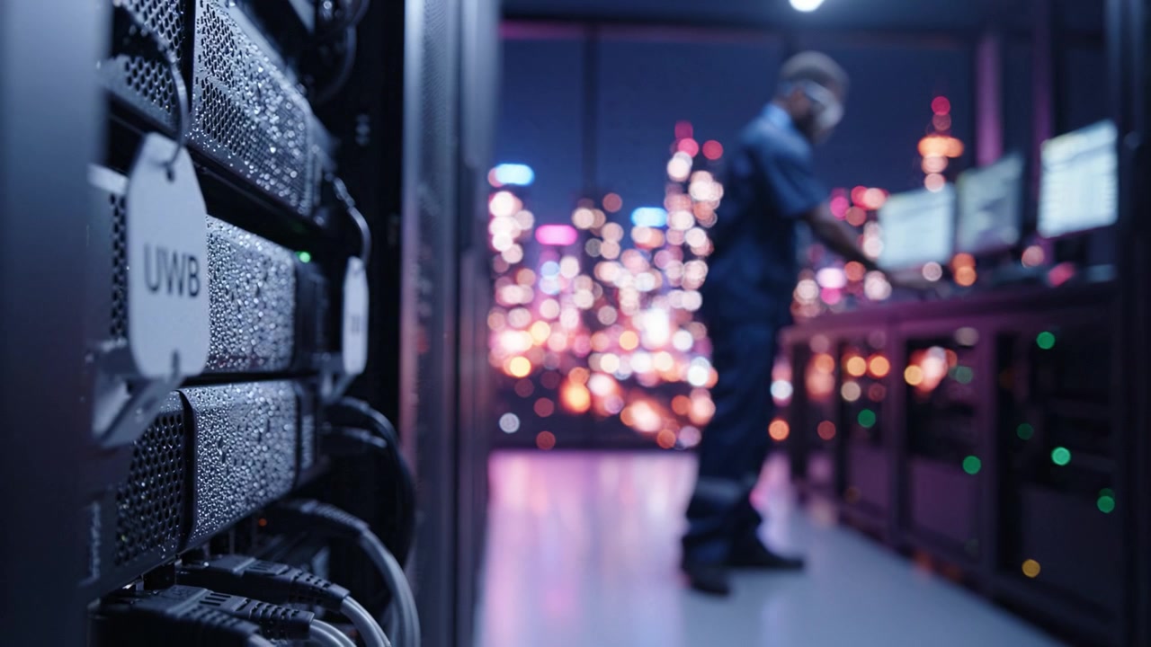 A Technician Monitors Computer Servers in a Modern Data Center with City Lights in the Background, Highlighting the Importance of Technology in Today's World