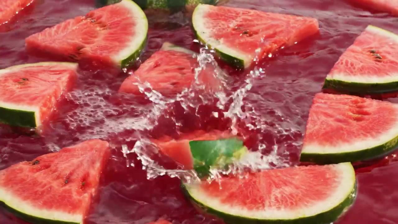 Fette di anguria che creano uno spruzzo in un liquido rosso brillante, catturando l'essenza succosa del divertimento estivo e del rinfresco in una mostra vibrante e colorata.