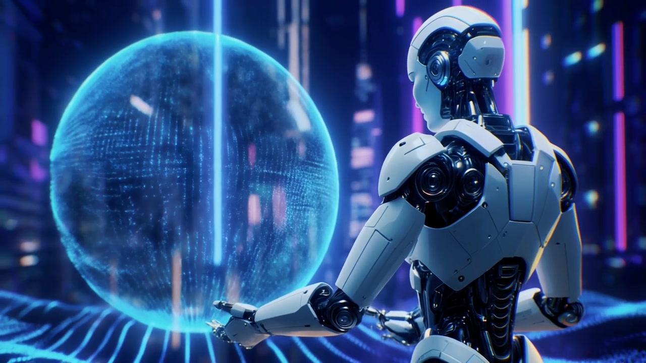 Robot futuristico con una sfera di dati digitali luminosa