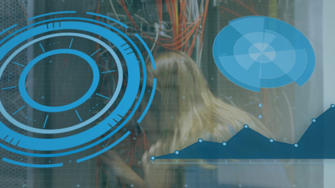 Animation of scope scanning and data processing over caucasian it woman computer server
