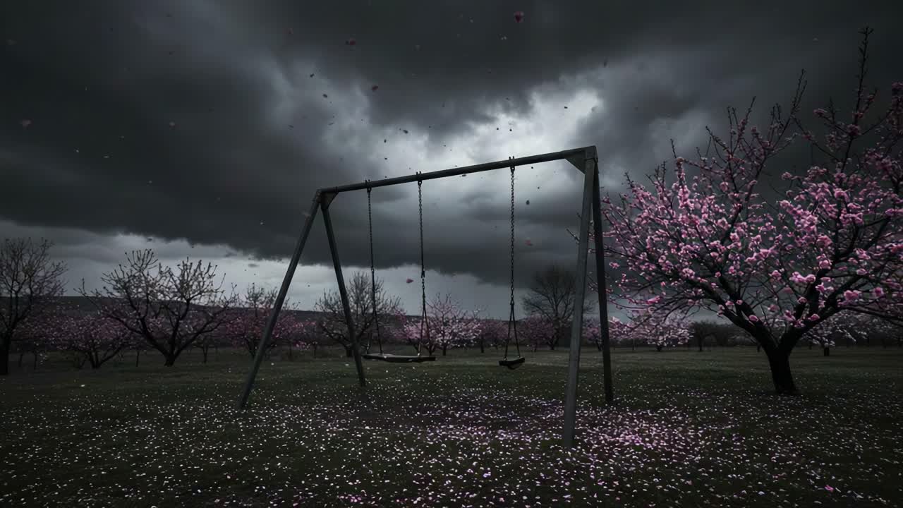 A Dramatic Contrast of Serenity and Storm: A Swing Set Among Cherry Blossoms Under Ominous Skies, Capturing Nature's Beauty and Tension in a Single Frame
