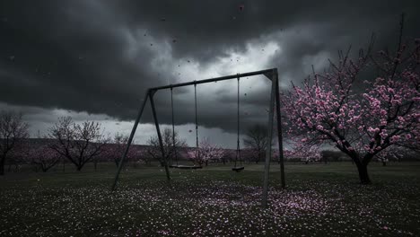 a dramatic contrast of serenity and storm: a swing set among cherry blossoms under ominous skies, capturing nature's beauty and tension in a single frame