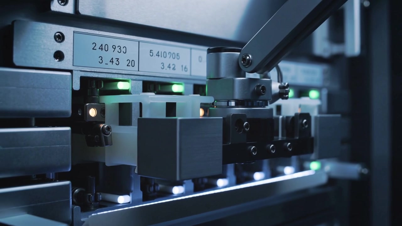 Aligning robotic gripper entering for testing inside cabinet, engaging cartridge bays with lit LEDs