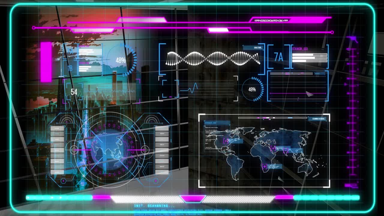 Animation of data processing over modern apartment and cityscape