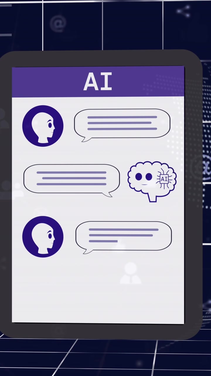 Animation af AI-chat og databehandling over tabletskærm og gitter