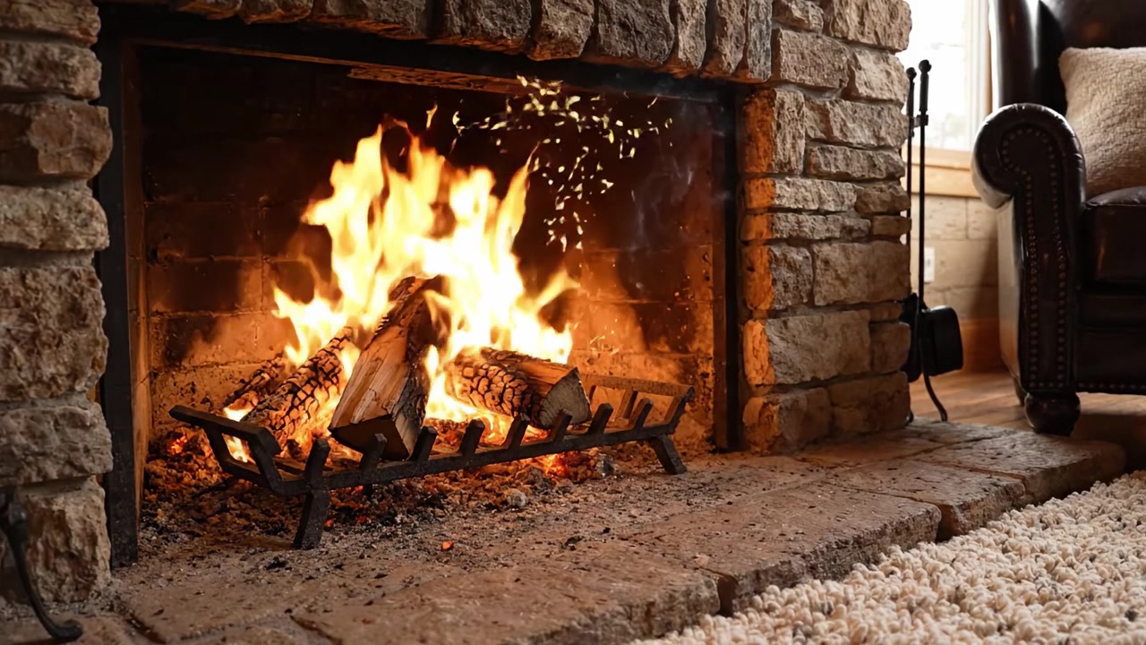 Acogedora escena de sala de estar con una chimenea cálida y crepitante con llamas iluminadoras y un entorno de piedra rústica, que invita al confort y la relajación durante las noches de invierno