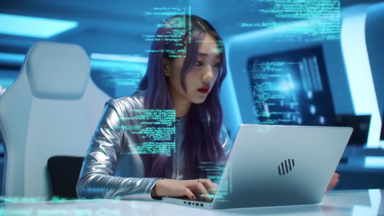 A Futuristic Coder Engaged in High-Tech Programming, Surrounded by Digital Data Streams and Glowing Code in a Sleek Sci-Fi Environment