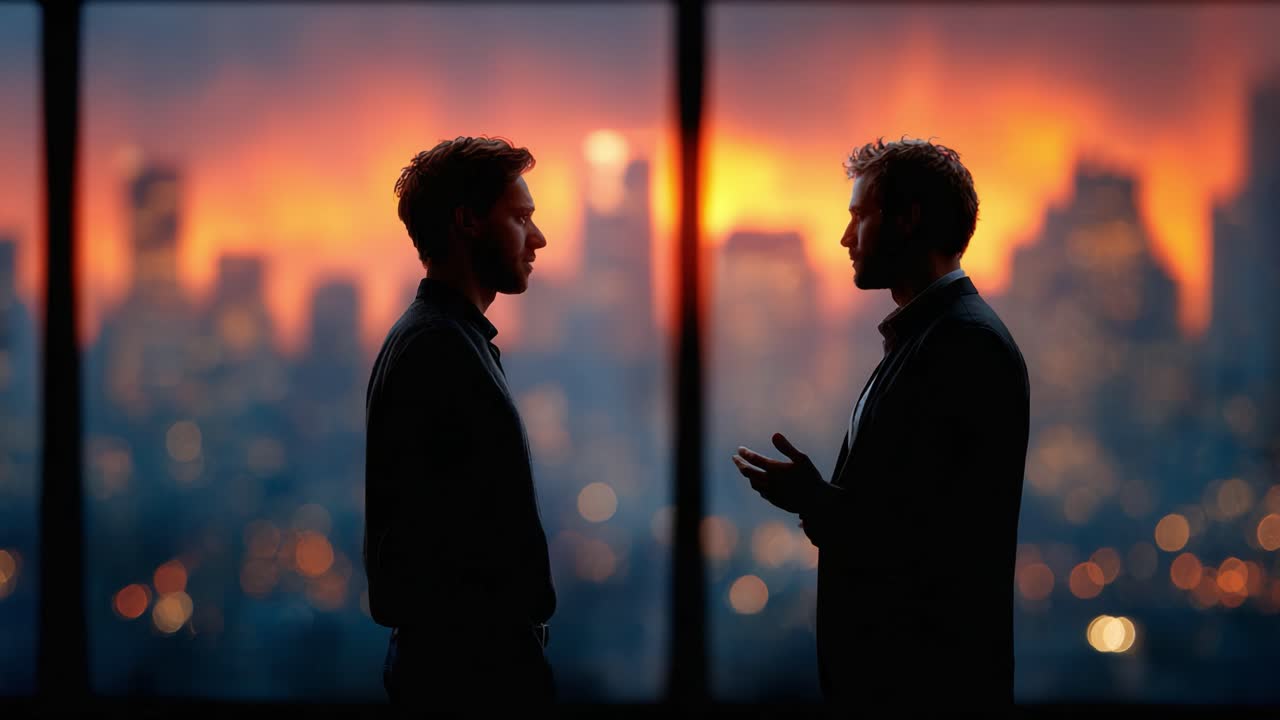 Un dialogo affascinante al tramonto: due persone impegnate in una profonda conversazione sullo sfondo di un meraviglioso skyline cittadino, che mette in risalto la comprensione reciproca e la connessione.