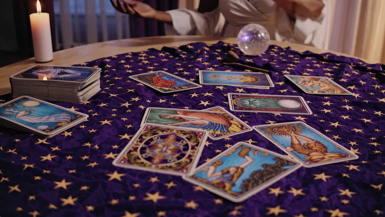 adivina con vestido blanco leyendo cartas del tarot en un mantel con estampado de estrella púrpura, rodeada de una bola de cristal y una vela blanca, canalizando energía mística y guía espiritual