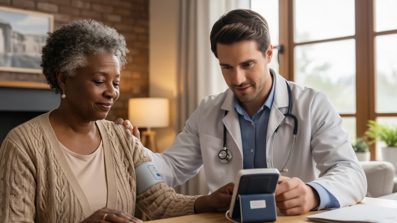 A Caring Medical Professional Checking Blood Pressure of a Patient in a Comfortable Home Environment with Natural Light and Warm Atmosphere