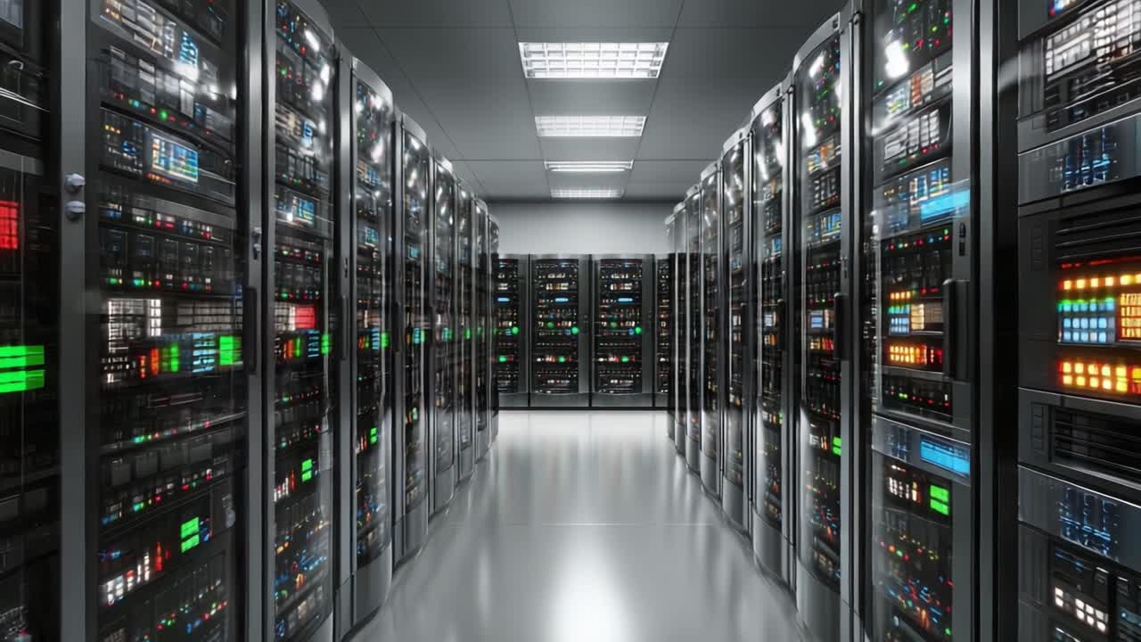 Esplorando un moderno centro dati: Visualizzazione della complessa rete di server, cavi e luci in un ambiente ad alta tecnologia per la gestione e l'archiviazione dei dati.