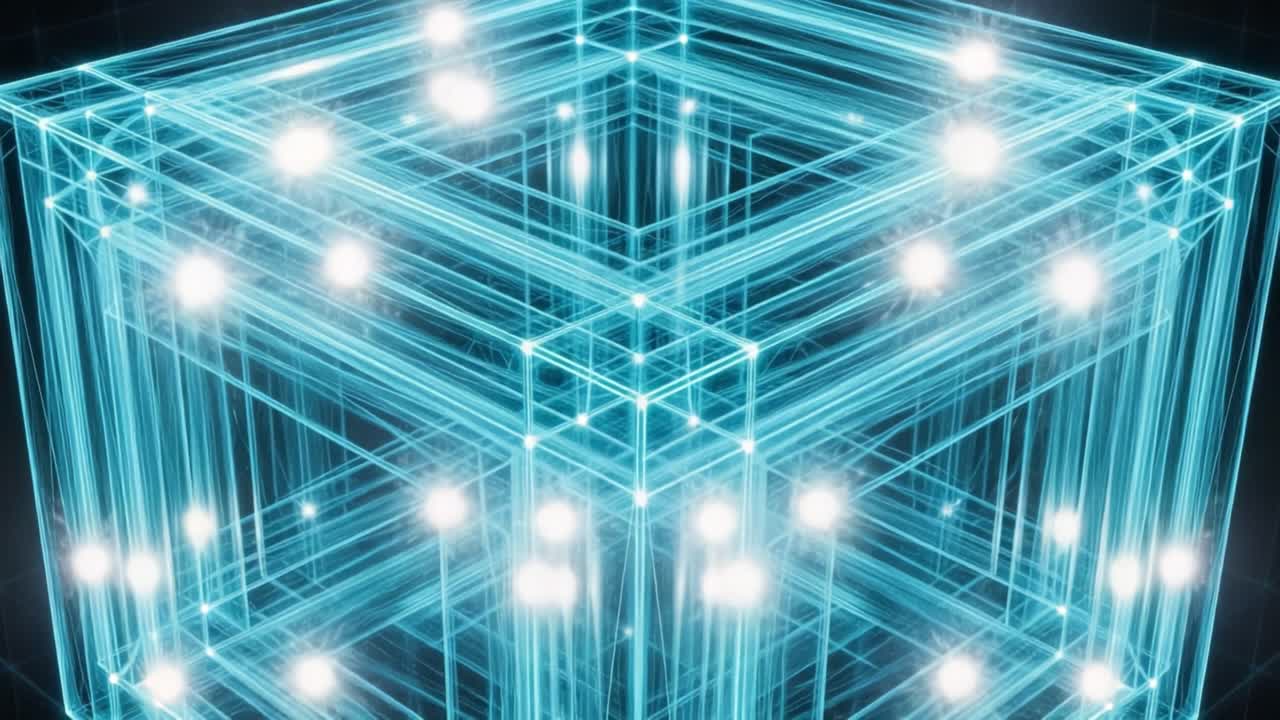 Mesmerizing Digital Cube: A Stunning Visual Display of Light and Geometry Creating a Hypnotic Experience Through Sparkling Lines and Luminous Points