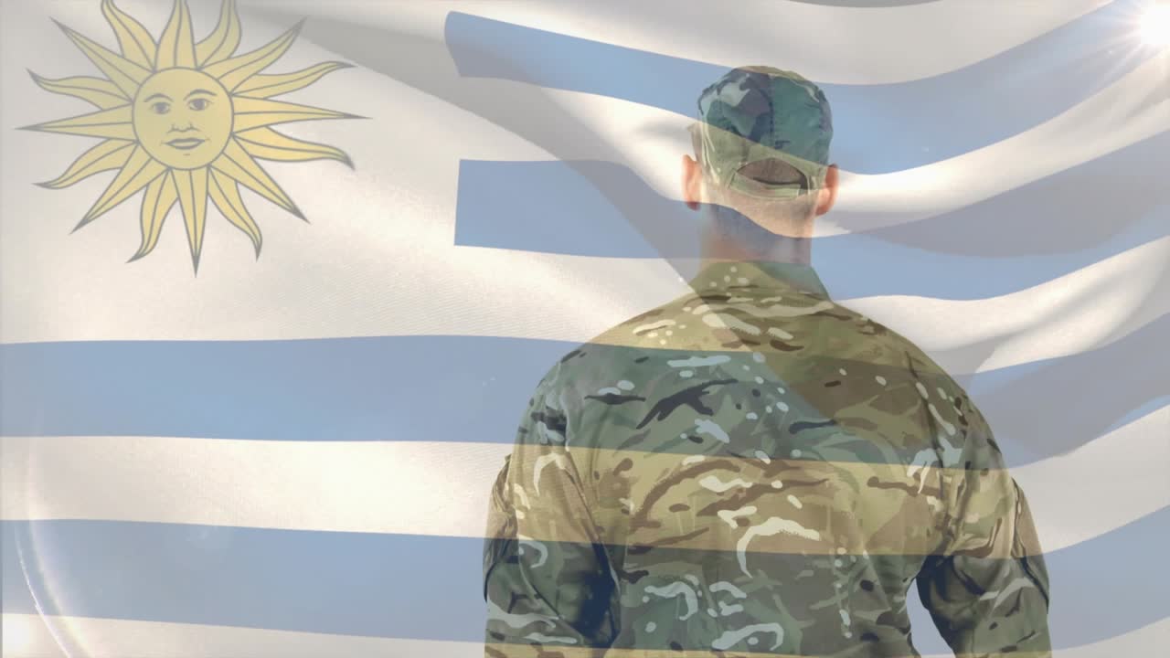 Camo soldier shifting then raising right hand and saluting to honor Uruguayan flag overlay behind