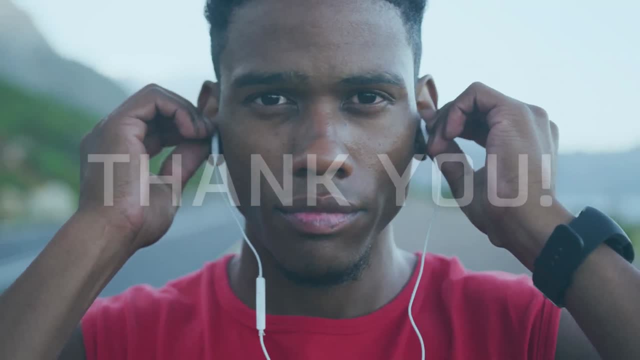 Animation of thank you text over african american male runner wearing earphones