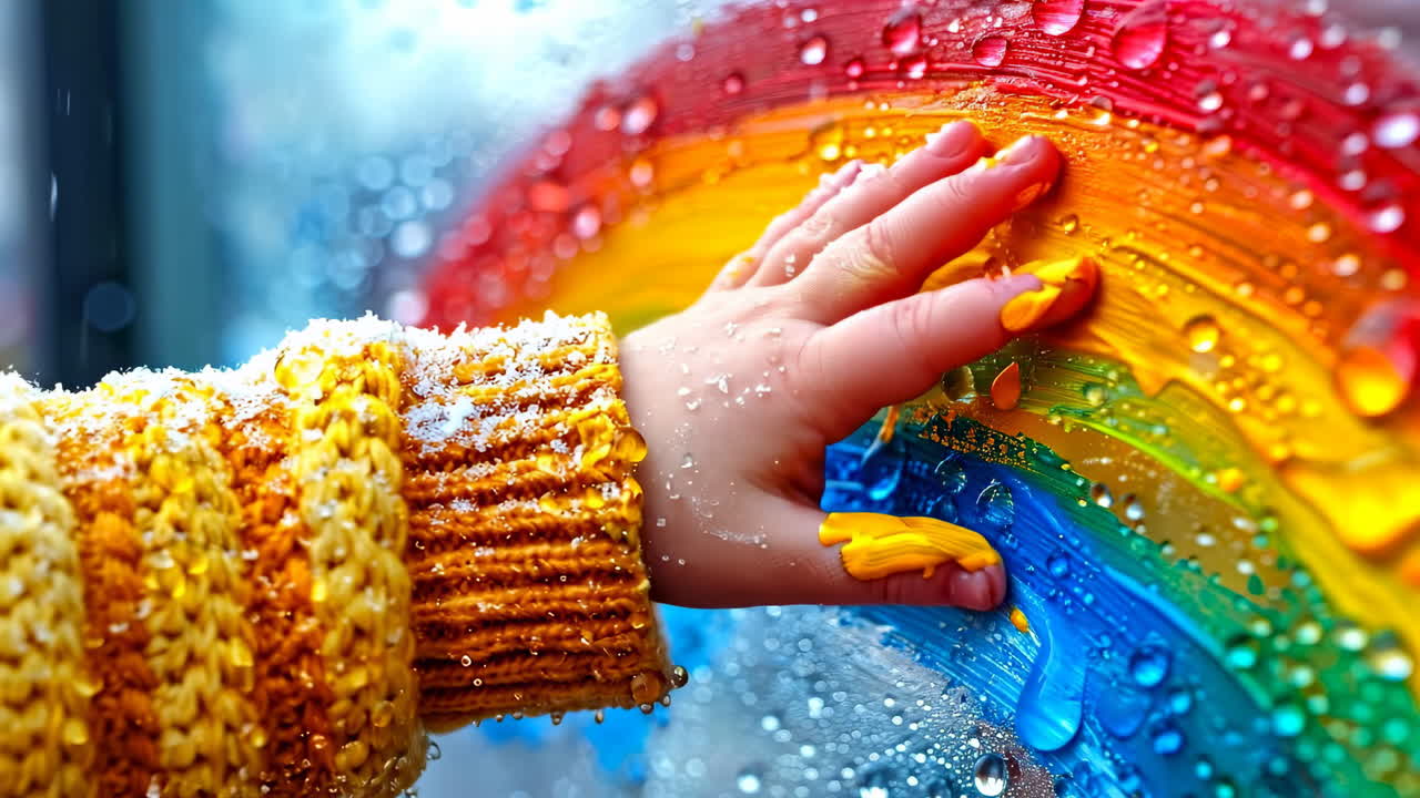 Child's hand creates vibrant rainbow art. A child's hand is painting a colorful rainbow on a wet surface. The bright colors stand out against the rain