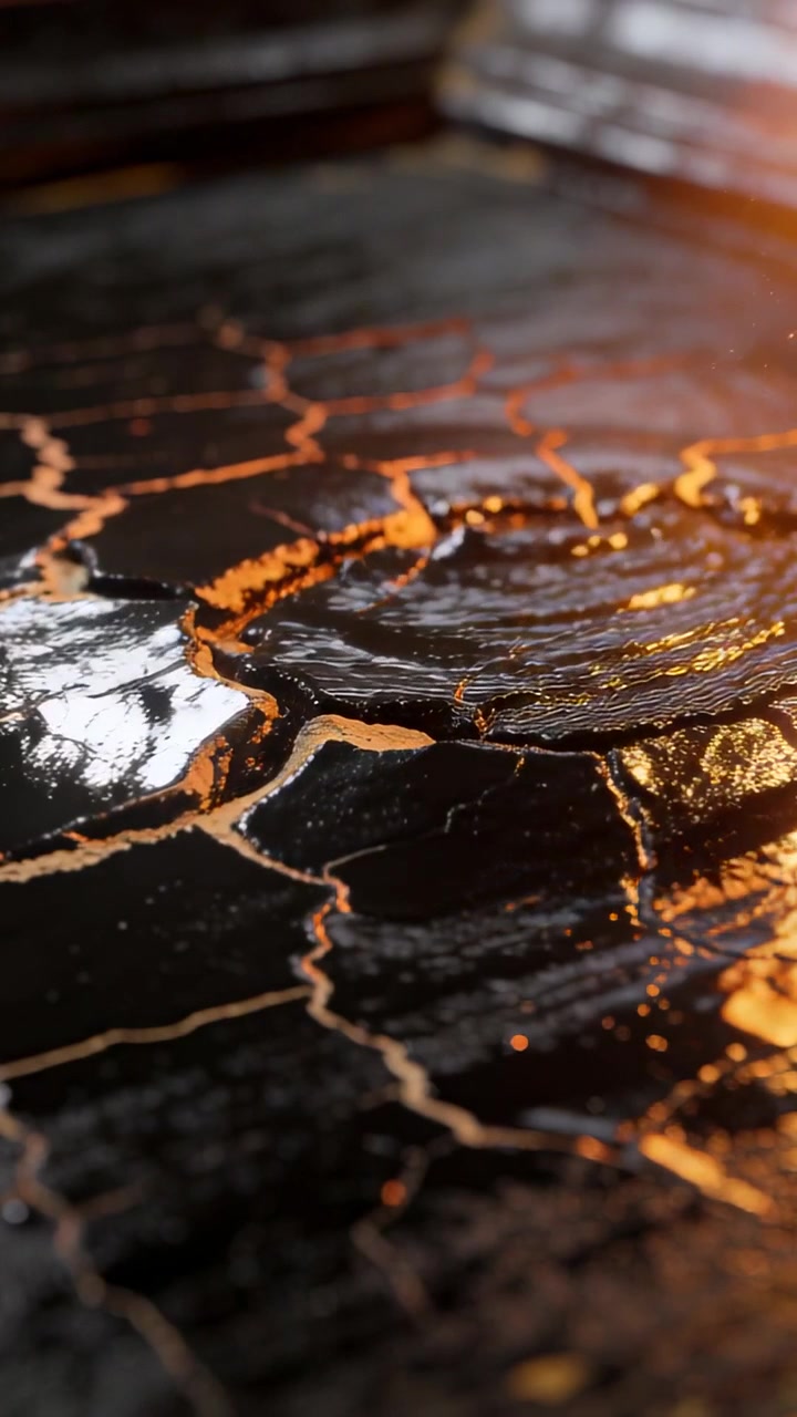 Vertical video: Melting glossy black resin flowing into cracked surface on bench under orange heat