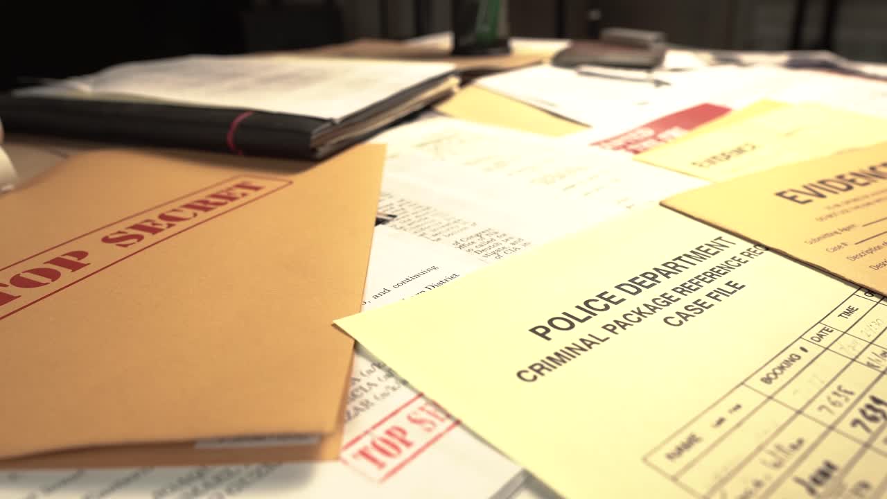 Documenti classificati top secret e rapporti di polizia sulla scrivania dell'agente federale, primo piano