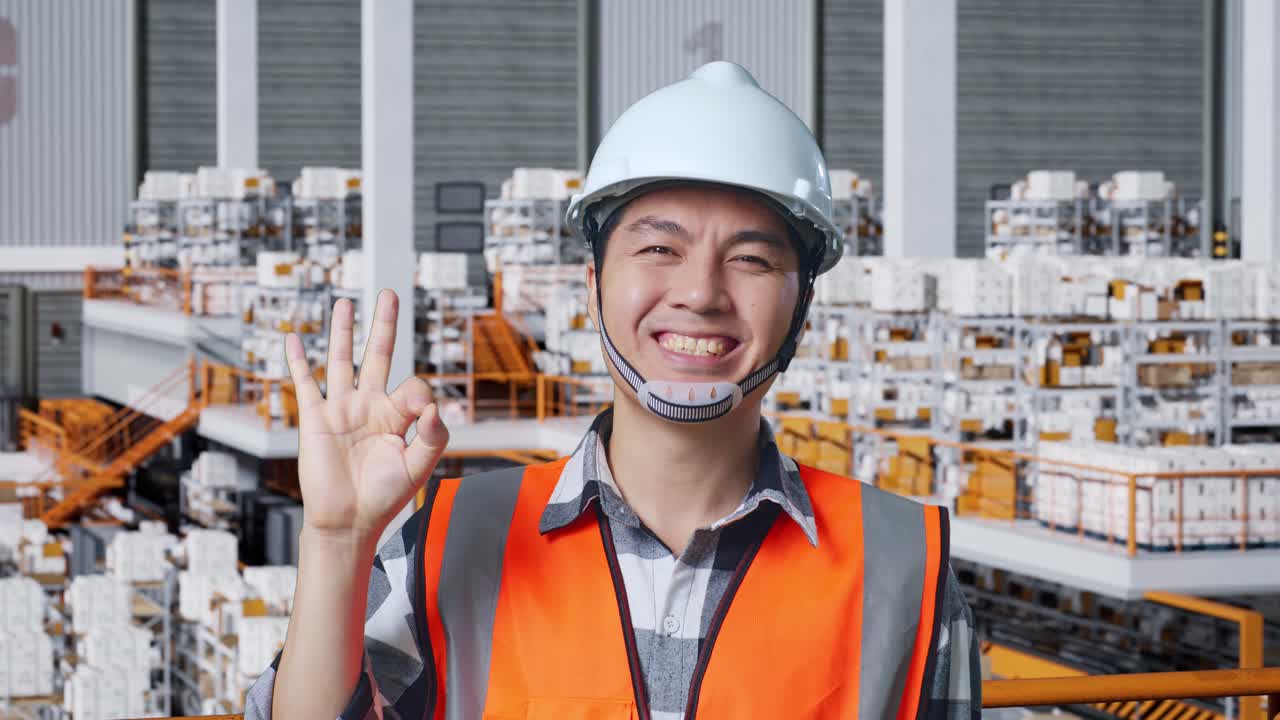 웃는 창고 노동자 가 ok 신호 를 주고 있다