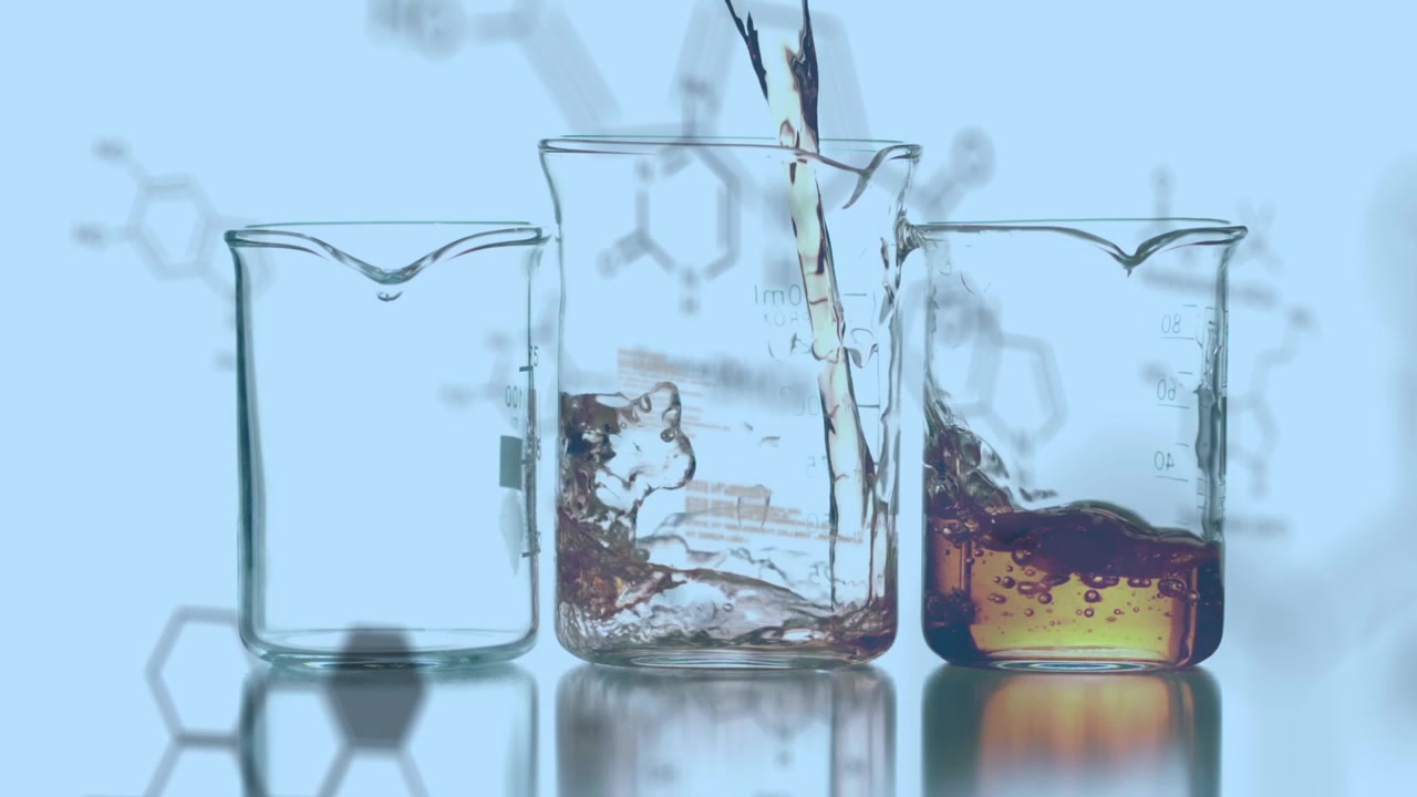 Animation of molecules over liquid pouring into lab glasses on blue background