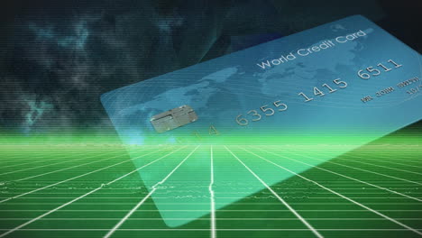 animación de tarjeta de crédito sobre cuadrícula y onda fondo oscuro