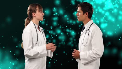 Animation-of-diverse-male-and-female-doctors-over-light-spots-on-black-background