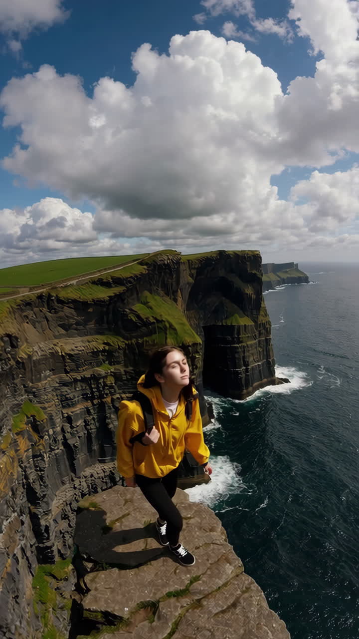 Woman explores the majestic Cliffs of Moher in Ireland