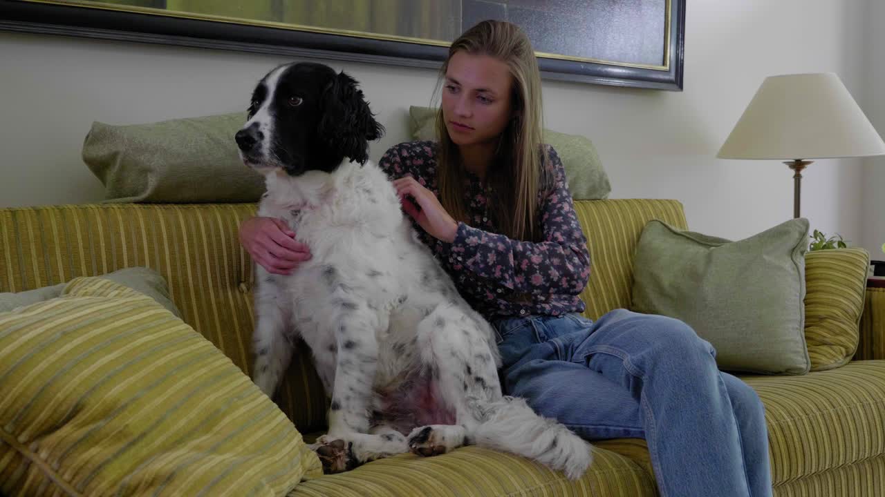 소녀는 집에서 소파에 아름다운 점박이 개와 함께 앉아, 중간