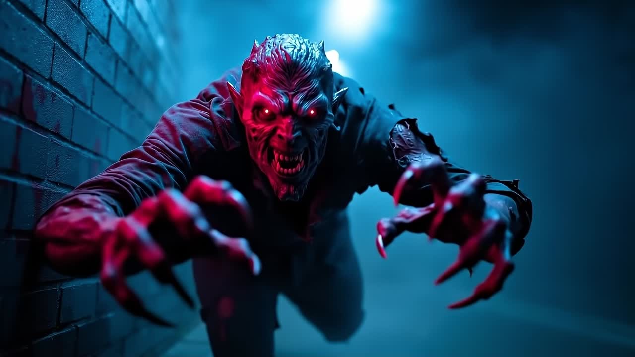 A man in a dark room with red glowing hands and claws
