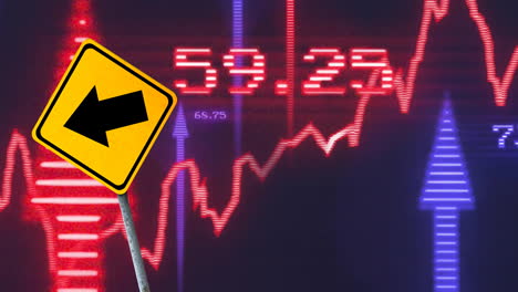 animation of financial data processing over arrow on yellow road sign