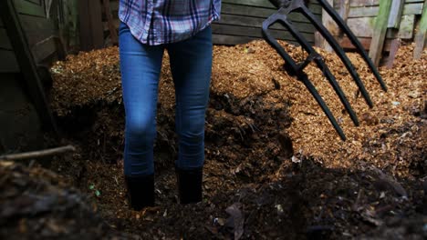 mujer madura usando tenedor de jardinería en el jardín 4k