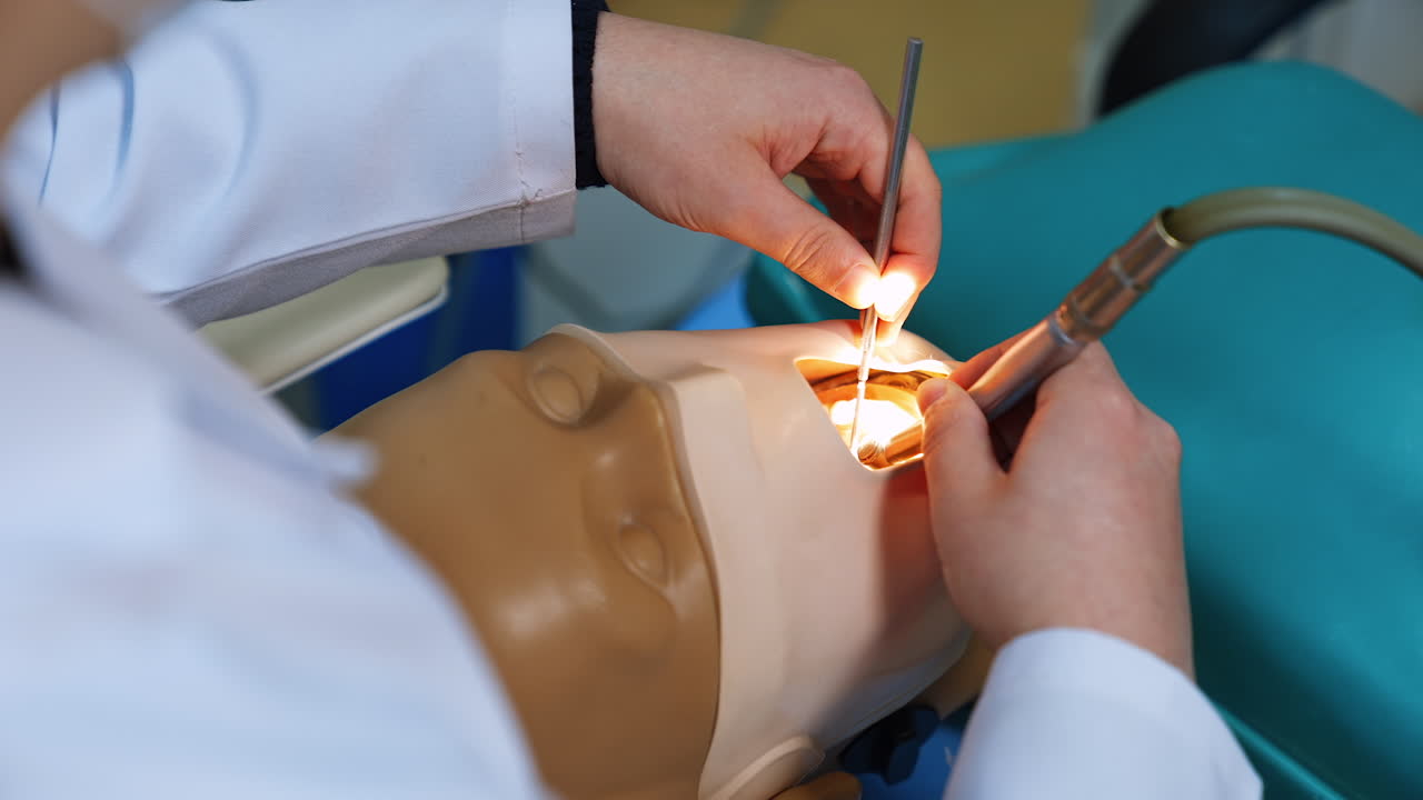 Unrecognized future medic wearing white robe learns to use dentistry tools. Practicing dentistry at university.